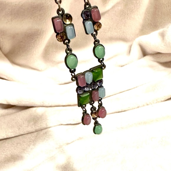 MCM Necklace ,Chain PeriwinkleGreen,Rose,MetalChain Cabachon&Glass - Picture 2 of 6